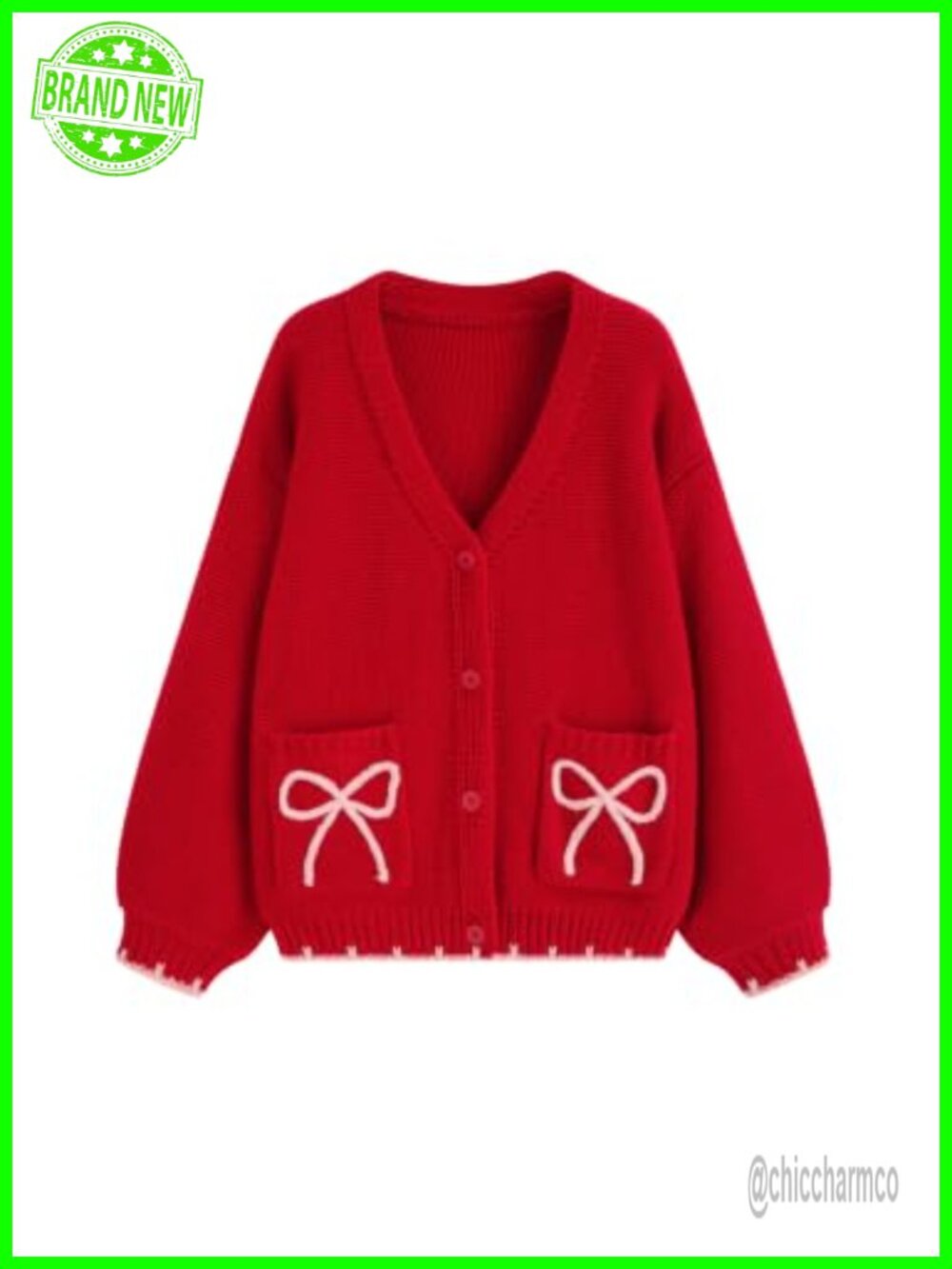 Oversized Bow Print V Neck Chunky Knit Cardigan for Women